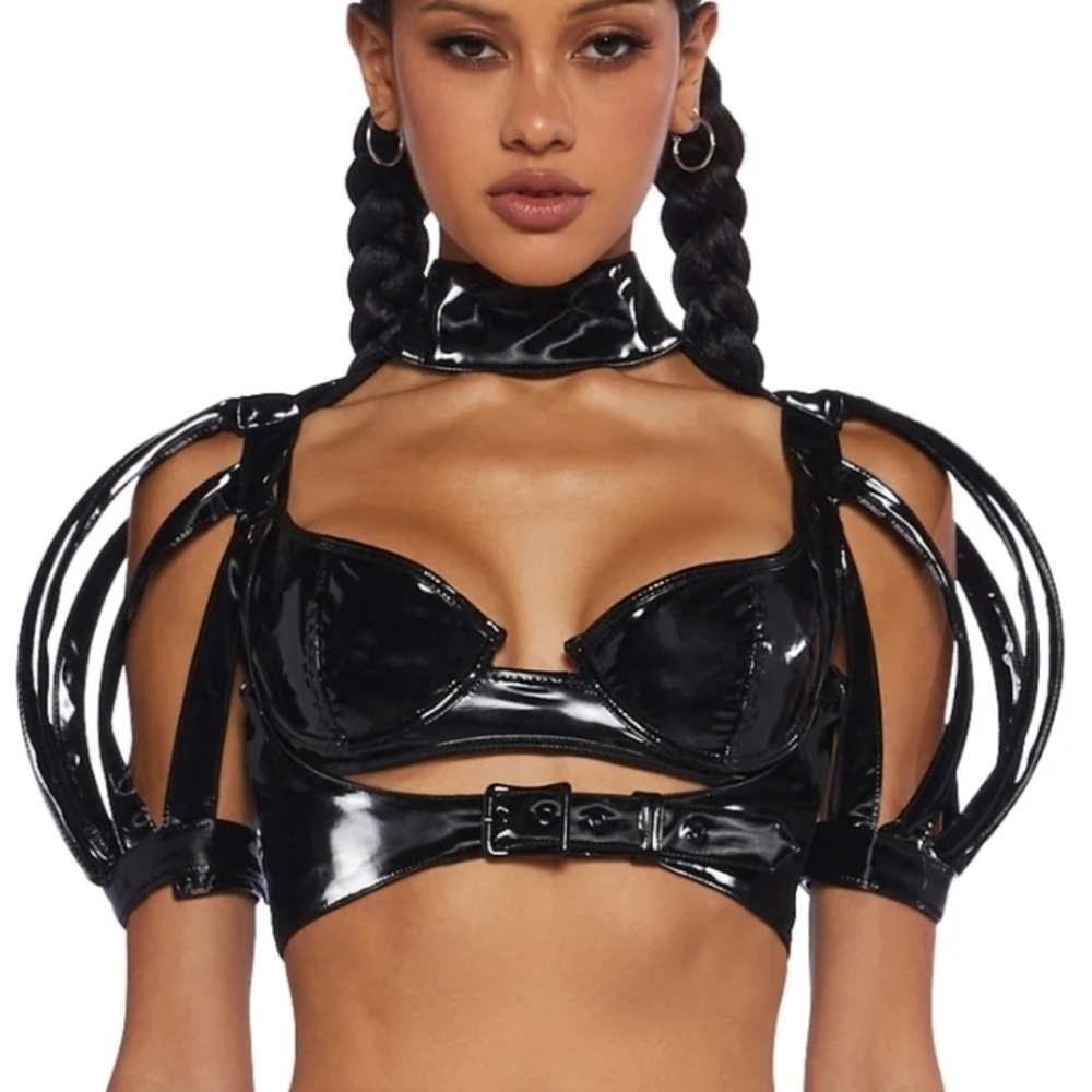 **SOLD OUT STYLE**Shiny Black Vinyl Cage-Sleeve Body Harness